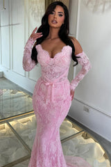 Glamorous Dusty Pink Sweetheart Strapless Sleeveless Lace Mermaid Evening Dresses Sheath With Lace-Up Back