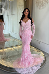Glamorous Dusty Pink Sweetheart Strapless Sleeveless Lace Mermaid Evening Dresses Sheath With Lace-Up Back