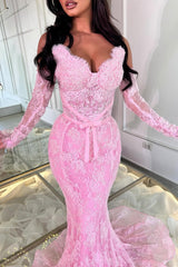 Glamorous Dusty Pink Sweetheart Strapless Sleeveless Lace Mermaid Evening Dresses Sheath With Lace-Up Back