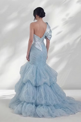 Unique Sky Blue One Shoulder Satin Evening Dresses Column With Zipper Pleats
