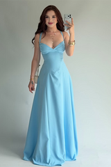 Charming Dusty Blue Sweetheart Spaghetti-Straps Sleeveless Satin Evening Dresses Sheath With Lace-Up Back