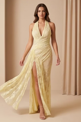 Graceful Daffodil Halter Sleeveless V-Neck Mermaid Evening Dresses Side Split With Pleats