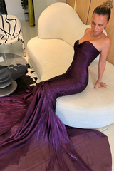 Luxurious Grape Sweetheart Strapless Sleeveless Mermaid Evening Dresses Sheath With Pleats