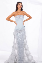Dazzling Silver Strapless Sleeveless Mermaid Evening Dresses Column Pleats With Lace-Up Back