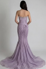 Charming Lilac Strapless Sleeveless Mermaid Evening Dresses Gem Sheath With Zipper Pleats