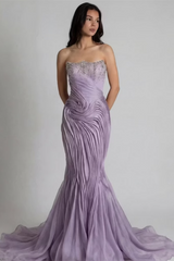 Charming Lilac Strapless Sleeveless Mermaid Evening Dresses Gem Sheath With Zipper Pleats
