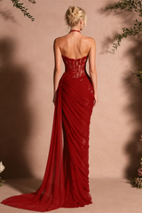 Romantic Burgundy Sweetheart Strapless Sleeveless Chiffon Lace Evening Dresses Mermaid With Zipper