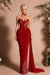 Romantic Burgundy Sweetheart Strapless Sleeveless Chiffon Lace Evening Dresses Mermaid With Zipper