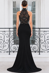 Unique Black Halter Sleeveless Satin Mermaid Evening Dresses Floor Length Column With Zipper