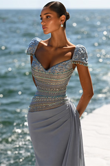 Graceful Dusty Blue Short Sleeves Mermaid Satin Evening Dresses Beading With Pleats