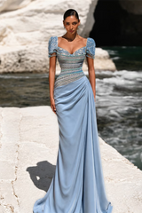 Graceful Dusty Blue Short Sleeves Mermaid Satin Evening Dresses Beading With Pleats