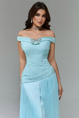 Timeless Blue Off The Shoulder Mermaid Evening Dresses Floor Length With Tassel
