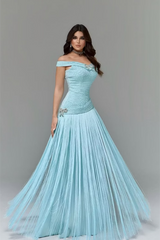 Timeless Blue Off The Shoulder Mermaid Evening Dresses Floor Length With Tassel