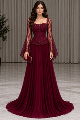 Dazzling Burgundy Long Sleeves Chiffon Evening Dresses Floor Length Beading With Pleats Zipper