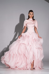 Luxurious Pink High Collar Evening Dresses Floor Length With Pleats