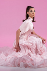 Luxurious Pink High Collar Evening Dresses Floor Length With Pleats