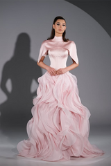 Luxurious Pink High Collar Evening Dresses Floor Length With Pleats