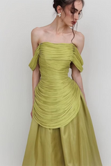 Charming Sage Off The Shoulder Evening Dresses Floor Length With Pleats