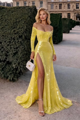 Unique Yellow Long Sleeves Mermaid Evening Dresses High Split Column With Zipper