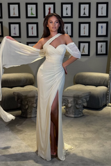 Graceful One Shoulder Asymmetrical Sweetheart Mermaid Satin Evening Dresses High Split With Pleats