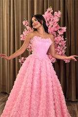 Unique Dusty Pink Strapless Sleeveless A-Line Evening Dresses Floor Length With Pleats