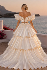 Unique Off The Shoulder Two-Piece Satin A-Line Evening Dresses High Split With Lace-Up Back Pleats
