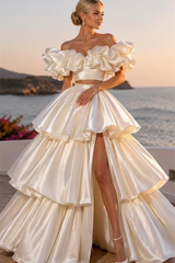 Unique Off The Shoulder Two-Piece Satin A-Line Evening Dresses High Split With Lace-Up Back Pleats
