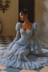 Unique Sky Blue Long Sleeves Mermaid Lace Evening Dresses Sheath Backless With Pleats