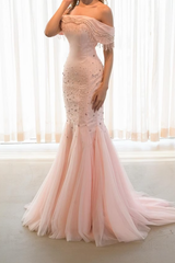 Unique Pink Off The Shoulder Mermaid Satin Tulle Evening Dresses Column Beading With Pleats