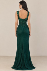 Dazzling Dark Green Straps Sleeveless Mermaid Evening Dresses Side Split Gem With Zipper