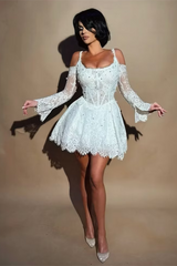 Modern Spaghetti-Straps Long Sleeves Lace Homecoming Dresses Mini With Pleats