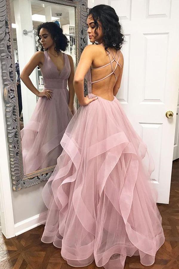 A-Line Chic Pink Halter Ruffle Sleeveless Prom Dresses Dbrbridal A-Line Chic Pink Halter Ruffle Sleeveless Prom Dresses Dbrbridal