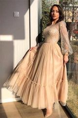 A-line Jewel Ankle Length Multiple Layers Long Sleeve Sequins Prom Dresses-Dbrbridal
