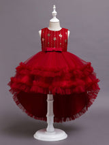 A-Line Jewel Neck Sleeveless Red Bows Polyester Sequined Tulle Polyester Cotton Kids Social Party Dresses Princess Dress-Dbrbridal