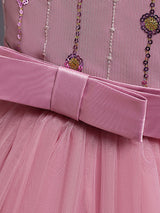 A-Line Jewel Neck Sleeveless Red Bows Polyester Sequined Tulle Polyester Cotton Kids Social Party Dresses Princess Dress-Dbrbridal