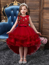 A-Line Jewel Neck Sleeveless Red Bows Polyester Sequined Tulle Polyester Cotton Kids Social Party Dresses Princess Dress-Dbrbridal