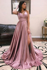 A-line Sleeveless V-Neck Front Slit Long Prom Dresses-Dbrbridal