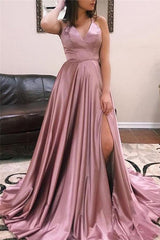 A-line Sleeveless V-Neck Front Slit Long Prom Dresses-Dbrbridal