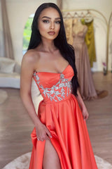 A-Line Split Long Prom Dress with Beads in Orange-Dbrbridal