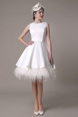 A-Line Wedding Dress Knee-Length Feather Tiered Satin Bow Bridal Dress Exclusive-Dbrbridal