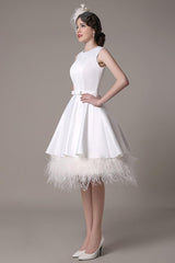 A-Line Wedding Dress Knee-Length Feather Tiered Satin Bow Bridal Dress Exclusive-Dbrbridal