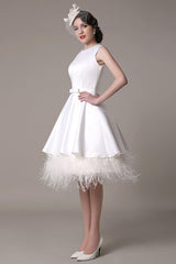 A-Line Wedding Dress Knee-Length Feather Tiered Satin Bow Bridal Dress Exclusive-Dbrbridal