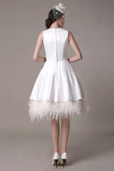 A-Line Wedding Dress Knee-Length Feather Tiered Satin Bow Bridal Dress Exclusive-Dbrbridal
