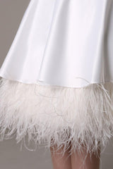 A-Line Wedding Dress Knee-Length Feather Tiered Satin Bow Bridal Dress Exclusive-Dbrbridal