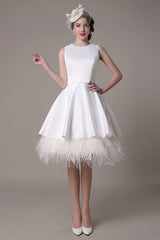 A-Line Wedding Dress Knee-Length Feather Tiered Satin Bow Bridal Dress Exclusive-Dbrbridal
