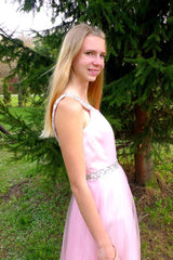 A-line Wide Strap Floor Length Chrmuse Tulle Rhinestone Prom Dress-Dbrbridal