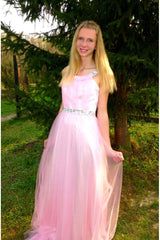 A-line Wide Strap Floor Length Chrmuse Tulle Rhinestone Prom Dress-Dbrbridal