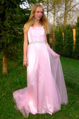 A-line Wide Strap Floor Length Chrmuse Tulle Rhinestone Prom Dress-Dbrbridal