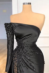 Amazing Black One Shoulder Prom Dress Beadings Ball Dresses Long Sleeve-Dbrbridal