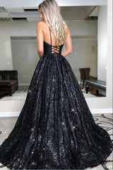 Amazing Black Sequins Long Evening Prom Dress Spaghetti-Straps-Dbrbridal